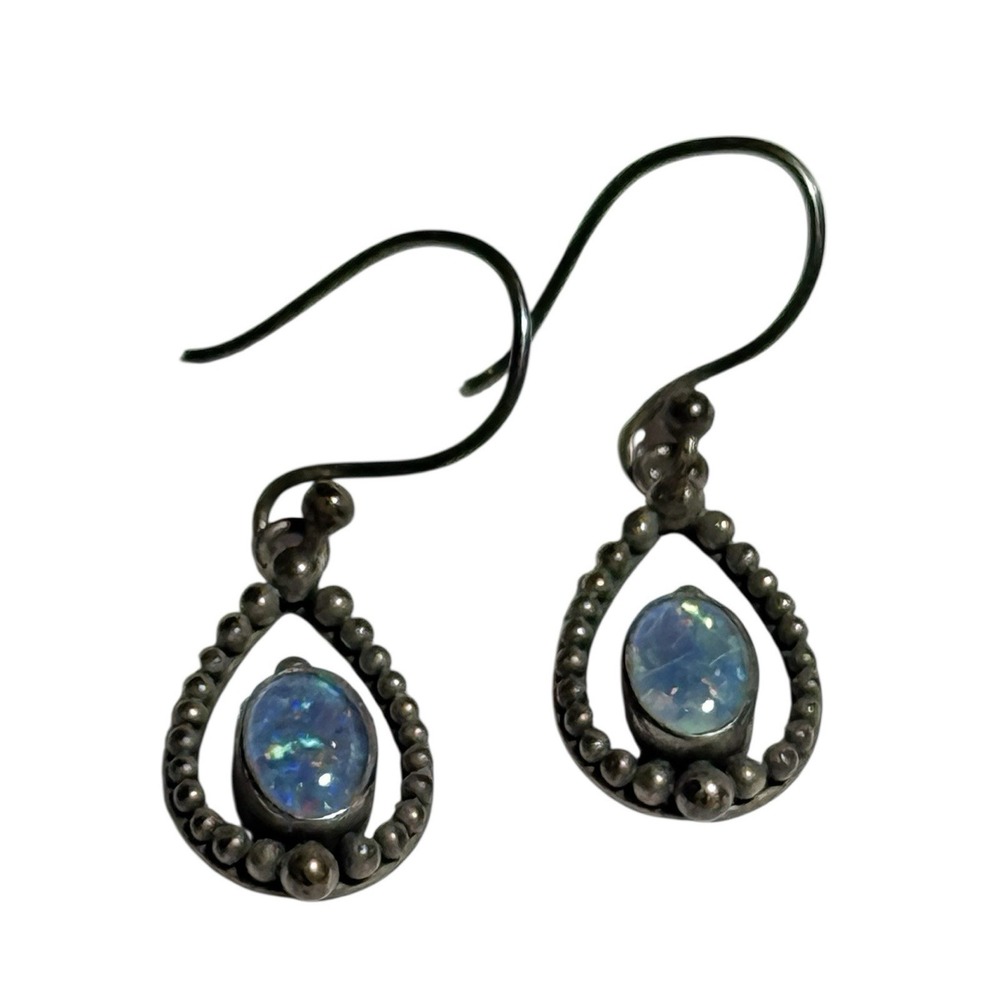 Vtg 925 Sterling Silver Teardrop Dangle Earrings Synthetic Opal Cabochon Boho 1"